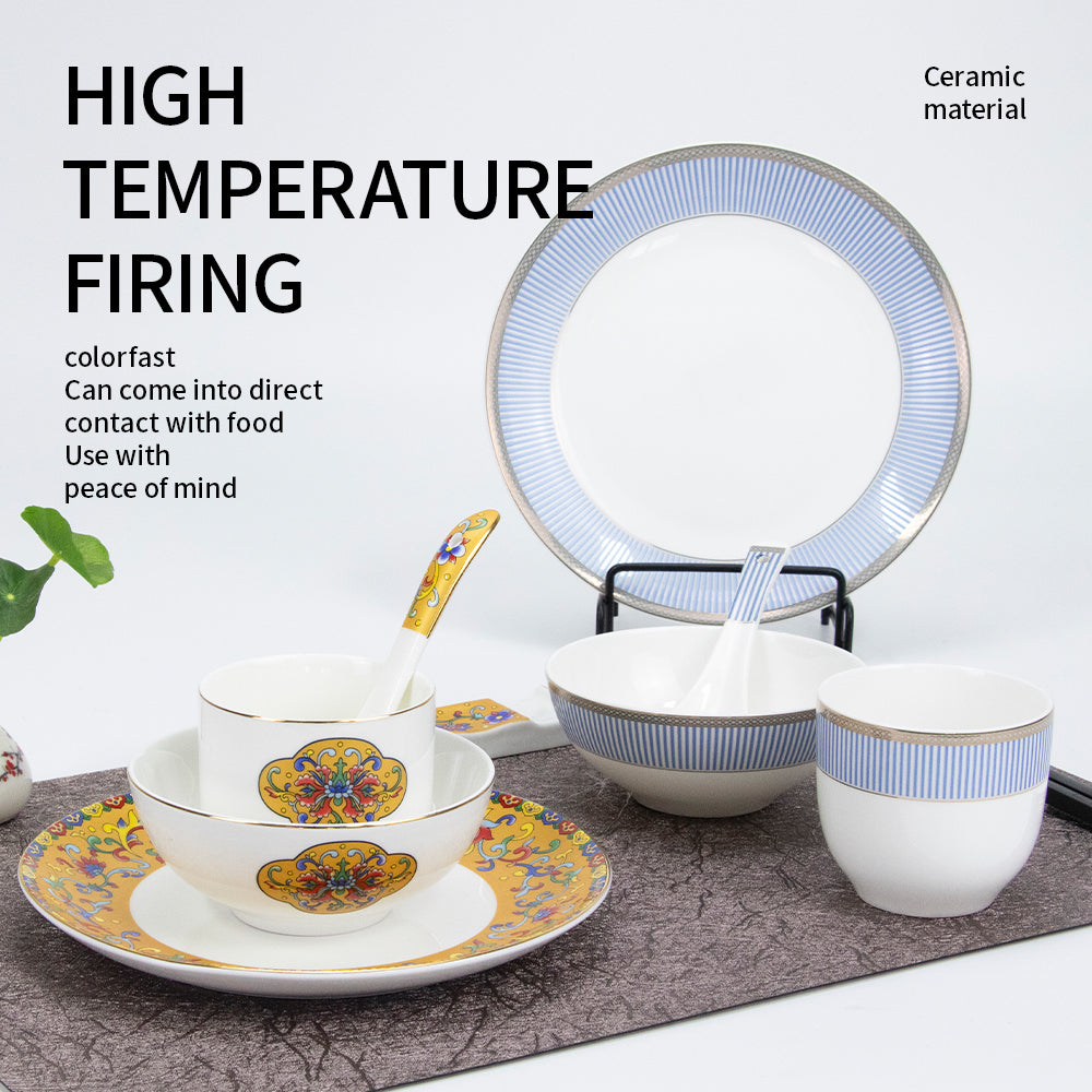 Yurtrain Nordic Vintage Royal Bone China Dinnerware Sets Elegant Decal Gold Rim Banquet Restaurant Plates Ceramic Wholesale