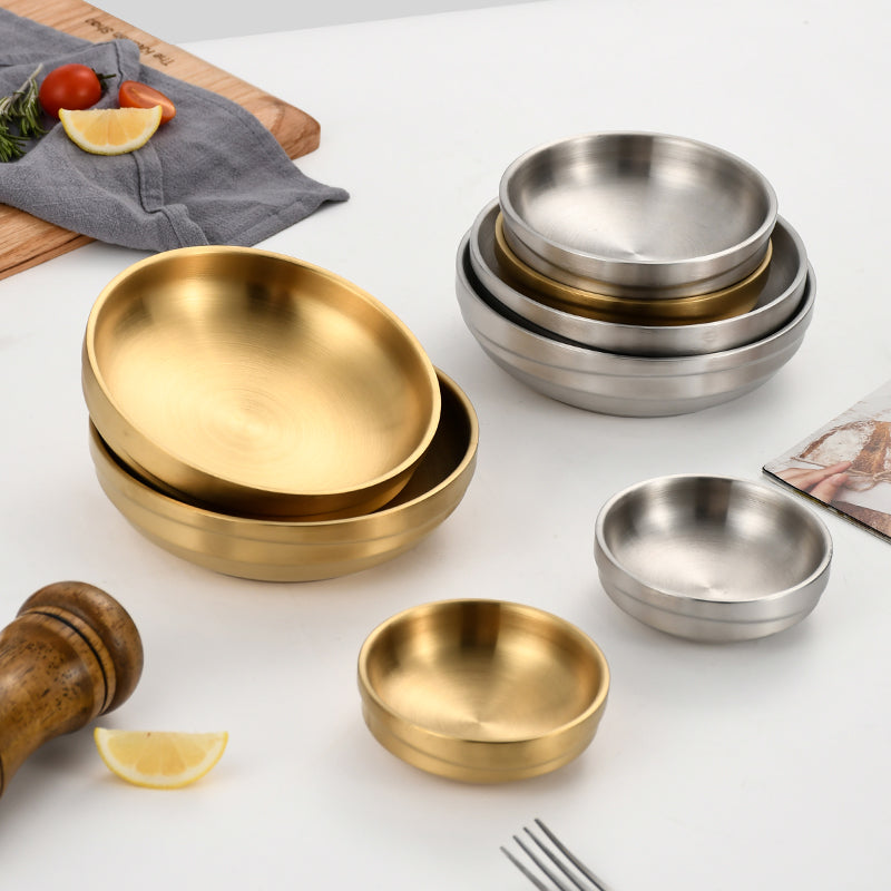 Yurtrain High Quality Stainless Steel Double Soup Ramen Bowl Korean Style Gold Thickened Disposable Rice Bowls for Cold Noodles