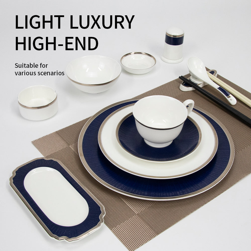 Yurtrain High-End Durable Ceramic Western Food Plate Set Blue Gold Edged Steak Plate for Hotel Restaurant Table Arrangement