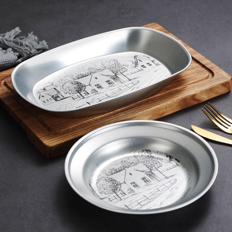 Yurtrain Custom Retro Pattern Logo Nordic Tinplate Round Plate Dish Wholesale Kitchenware for Snack/Steak Metal Tableware