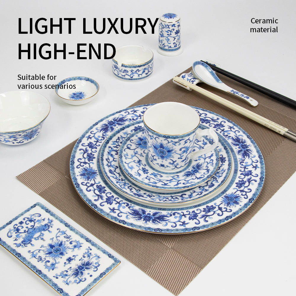 Yurtrain Fine Dining Porcelain Dinnerware Set Chinese Floral Ceramic Plates Blue White Color Sustainable Features