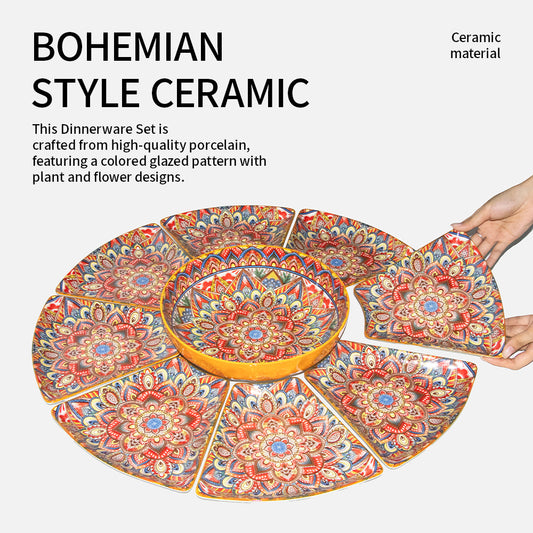 Yurtrain Custom Printed Bohemian Style Stoneware Dinner Set Colorful Ceramic Tableware Fancy Pratos Plant Unique Designed