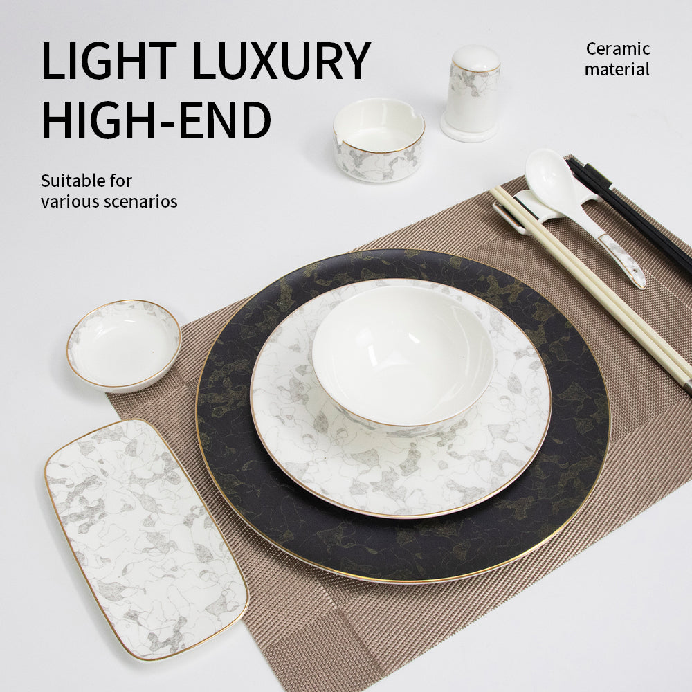 Yurtrain Luxury Round Shallow Charger Plate with Gold Rim Porcelain Stoneware Ceramic Dinnerware Set with Side Dishes & Plate