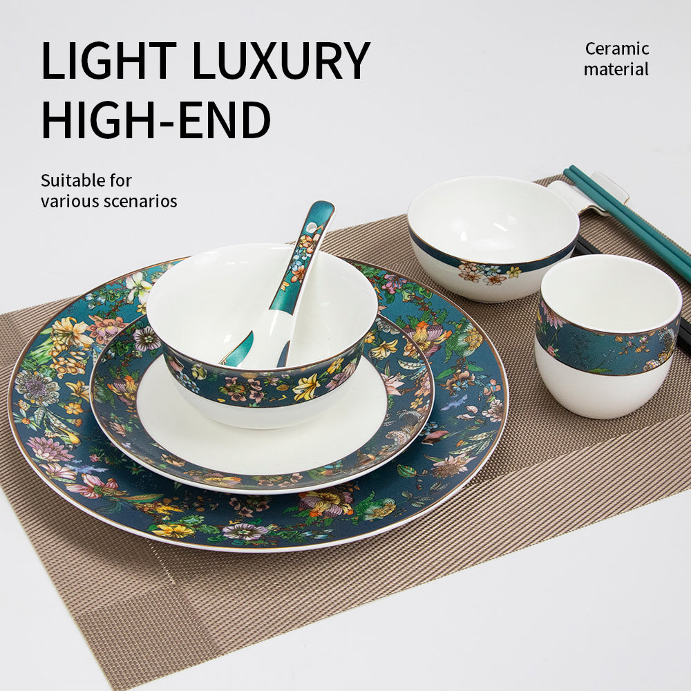 Yurtrain Luxurious Ceramic White Green Flower Dinnerware Set Durable Gold Rim Bowls Dish Plate Spoon Combination