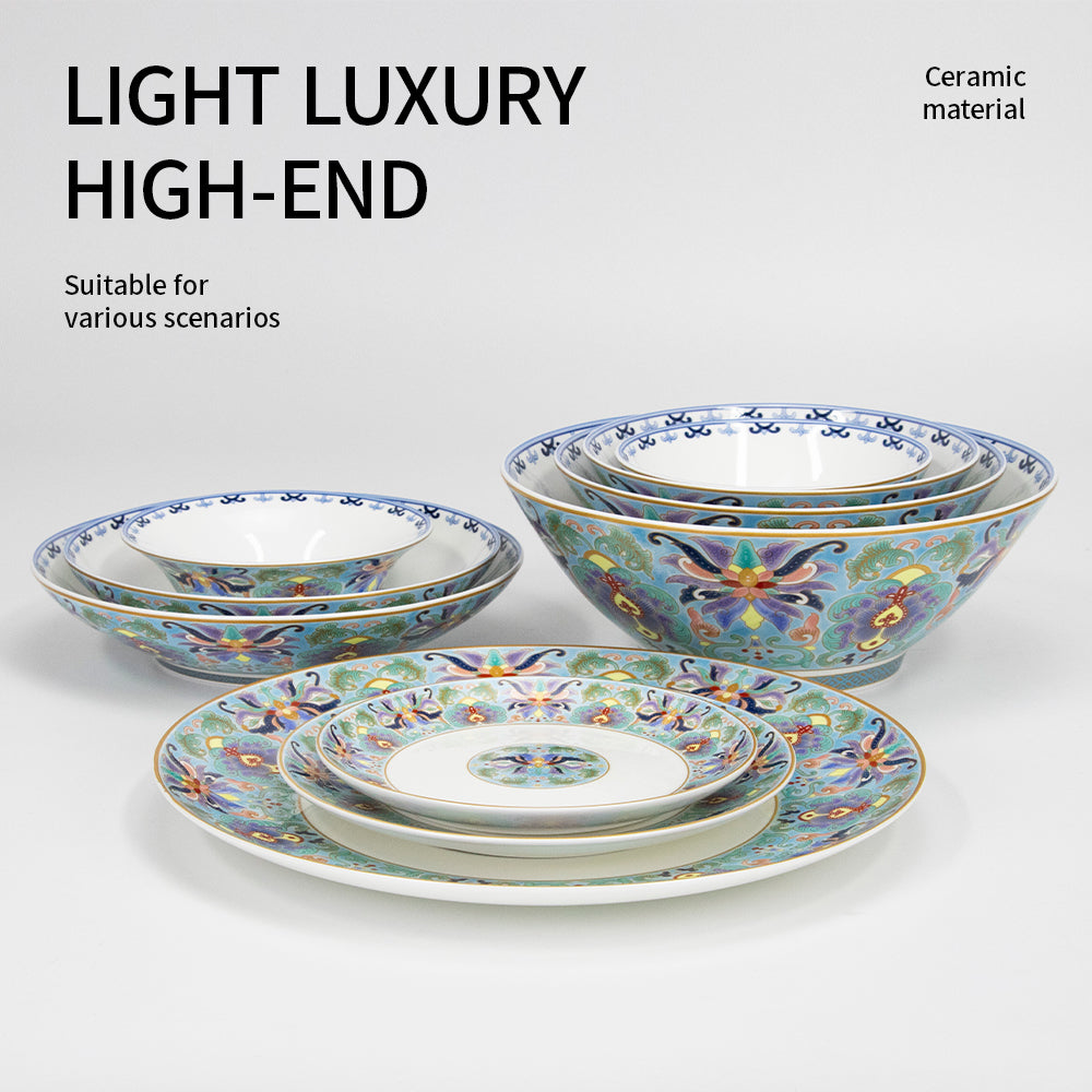 Yurtrain New Bone China Floral Design Dinnerware Set Durable Porcelain Dining Plates Dish and Bowl Set