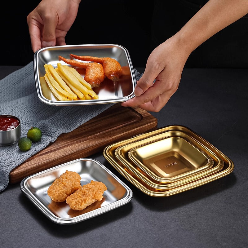 Yurtrain Korean Snack Plate 304 Stainless Steel Square Dish for Kimchi Cold Noodles Other Foods Flavor Dipping Serving Frost