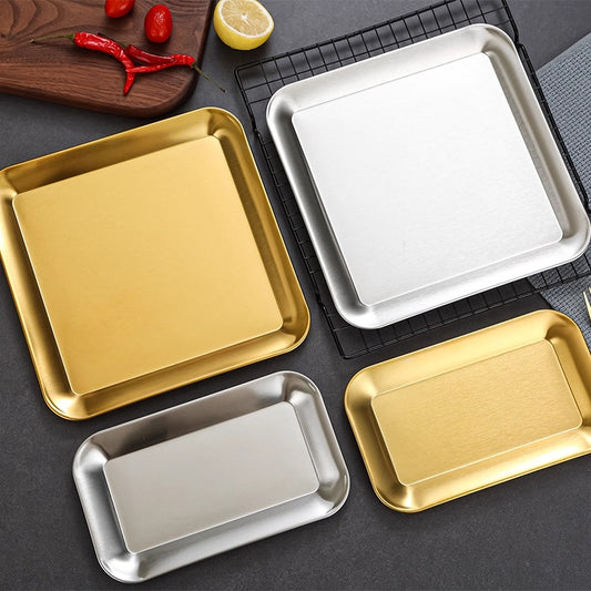 Yurtrain Modern Gold Rectangle Korean Stainless Steel Barbecue Plate Dishes & Plates Serving Tray Set