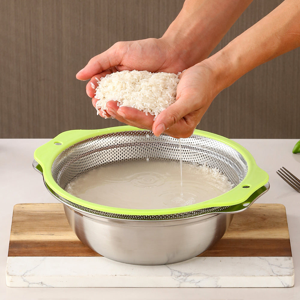 Yurtrain Customized Logo Stainless Steel Kitchen Utensil Silver Food Rice Sustainable Filter Colander Strainer with Metal Handle