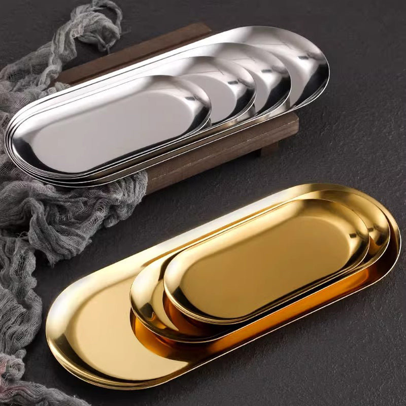 Yurtrain Golden Oval Towel Tray Stainless Steel Food Serving Plate Dishes for Wedding & Restaurant Use