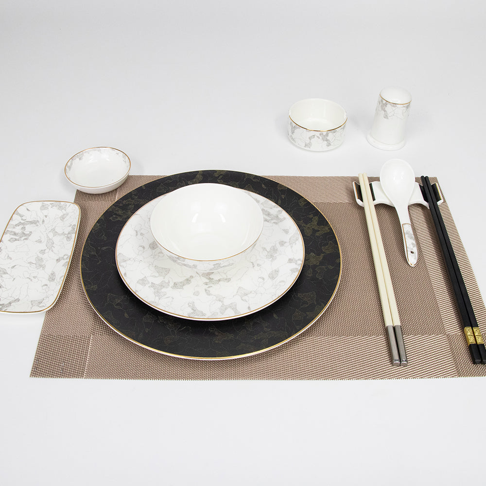 Yurtrain Luxury Round Shallow Charger Plate with Gold Rim Porcelain Stoneware Ceramic Dinnerware Set with Side Dishes & Plate
