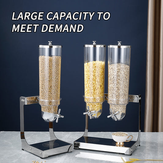 Yurtrain Dispenser Cereali Per Buffet Items 3 tank Stainless Stand Food Grain Rotating Acrylic Hotel Triple Cereal Dispenser