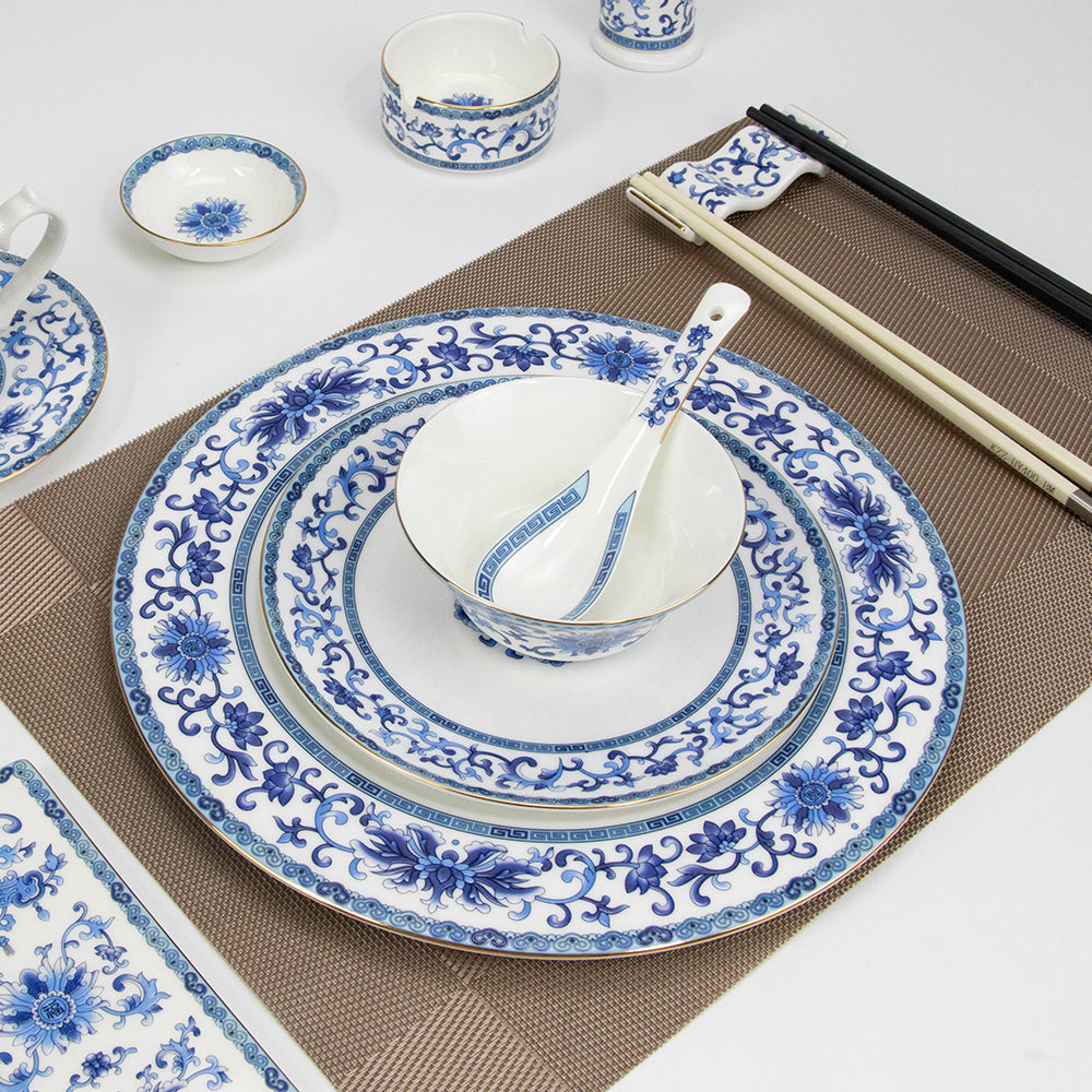 Yurtrain Fine Dining Porcelain Dinnerware Set Chinese Floral Ceramic Plates Blue White Color Sustainable Features