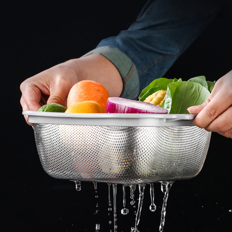 Yurtrain Hot Sale Metal Rice Washing Basket Strainer Fruit Vegetable Colander with Plastic Handle Rice Sieve