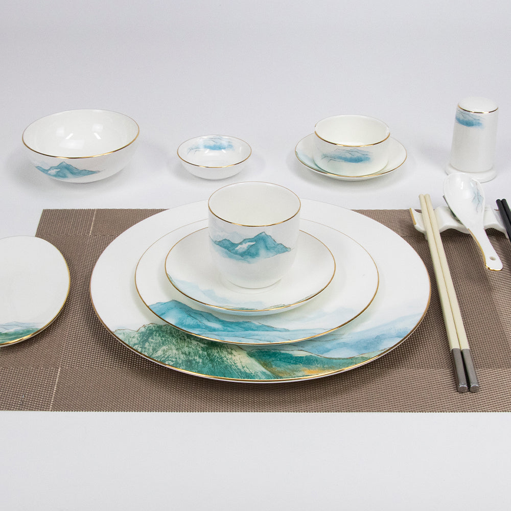 Yurtrain Bone Dish Set Glazed Floral Blue & White Ceramic Dinnerware Durable Tableware Suit with Phnom Penh Landscape Painting