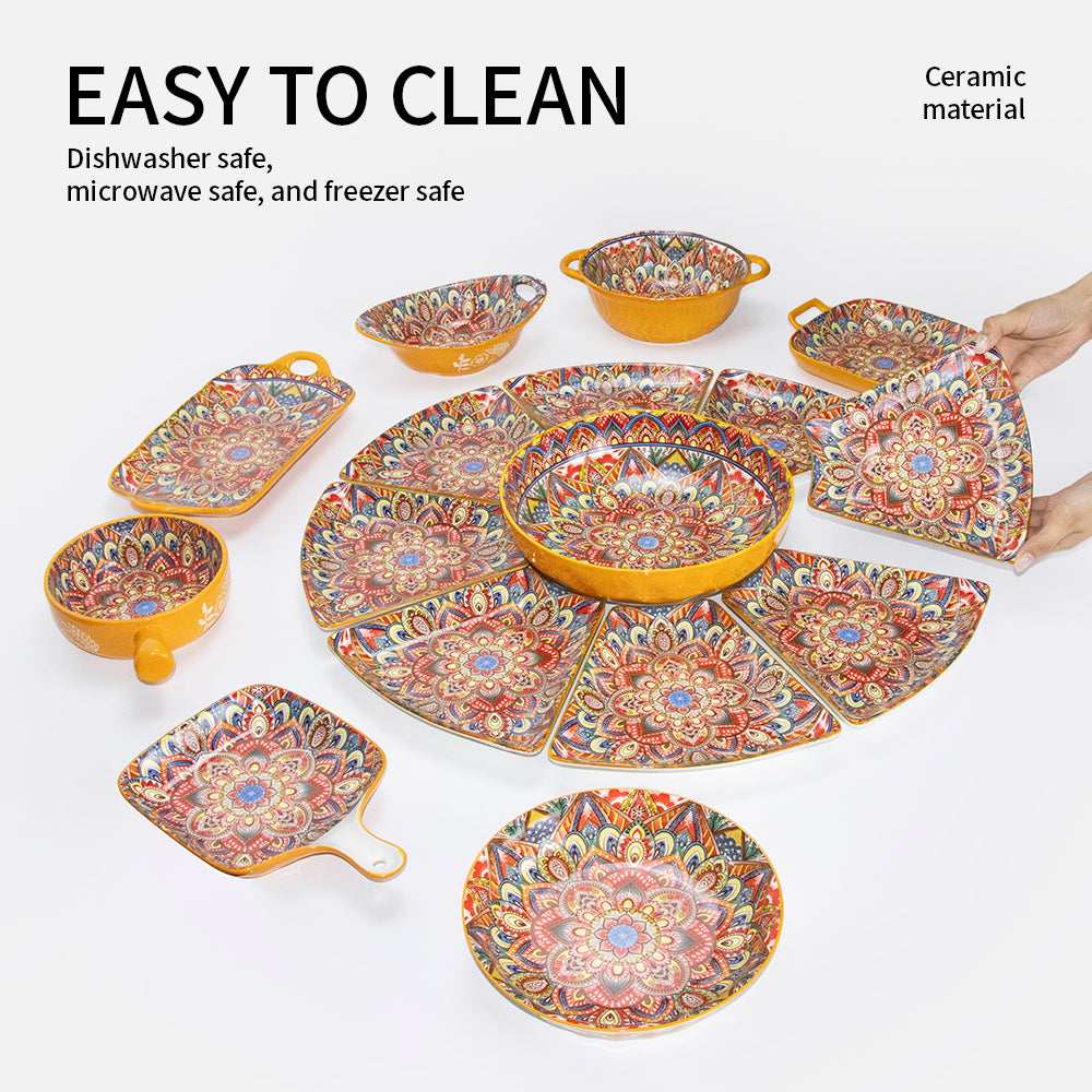 Yurtrain Custom Printed Bohemian Style Stoneware Dinner Set Colorful Ceramic Tableware Fancy Pratos Plant Unique Designed