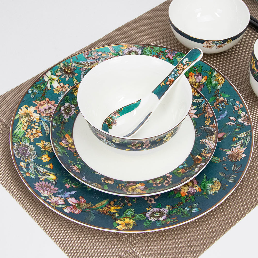 Yurtrain Luxurious Ceramic White Green Flower Dinnerware Set Durable Gold Rim Bowls Dish Plate Spoon Combination