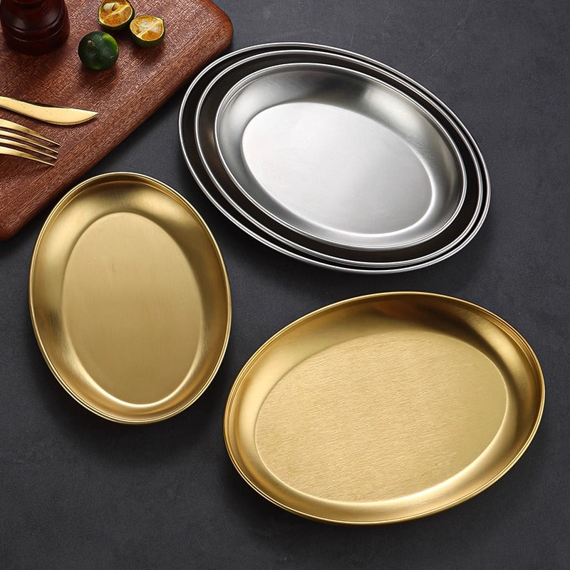Yurtrain Retro Stainless Steel Elliptical Disc Dish & Plate for Serving Barbecue Fish & Snack