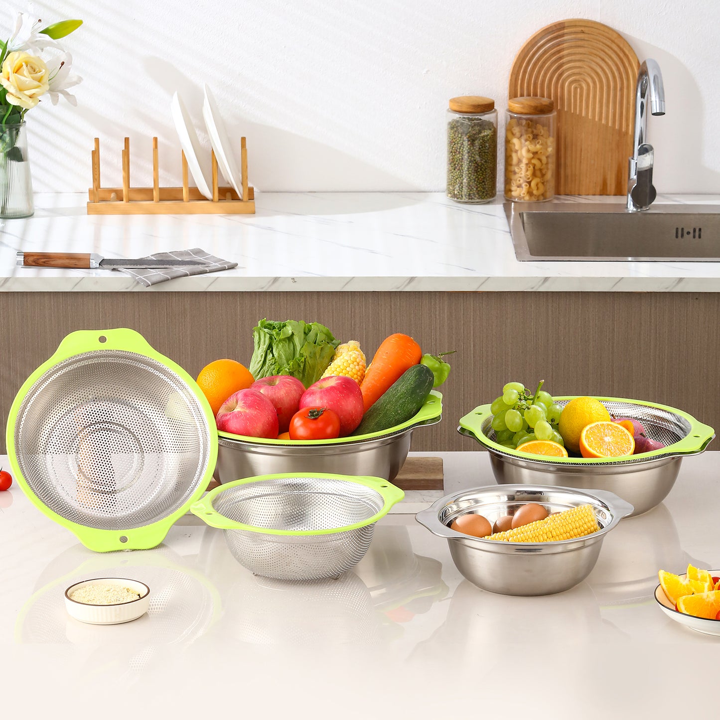 Yurtrain Customized Logo Stainless Steel Kitchen Utensil Silver Food Rice Sustainable Filter Colander Strainer with Metal Handle