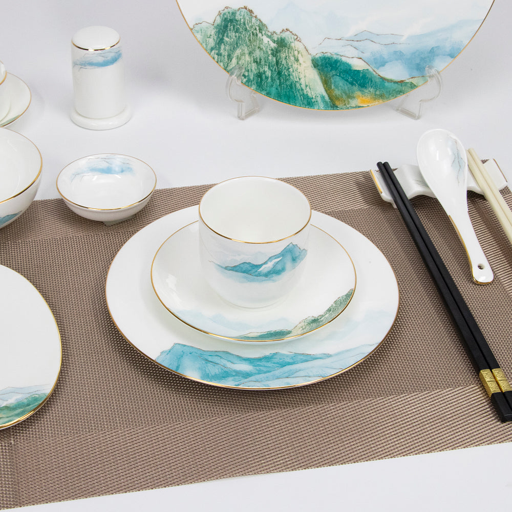 Yurtrain Bone Dish Set Glazed Floral Blue & White Ceramic Dinnerware Durable Tableware Suit with Phnom Penh Landscape Painting