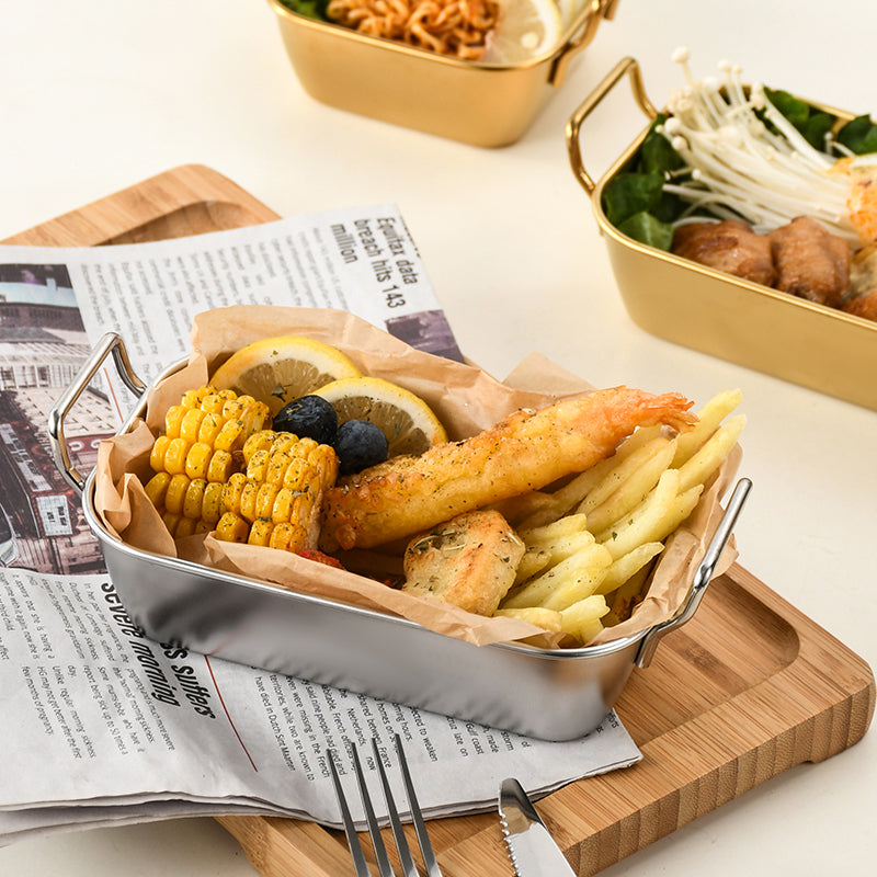 Yurtrain Restaurant Stainless Steel Rectangle Snack Tray Handle Wholesale Fried Chicken Plate French Fry Food Basket for Metal