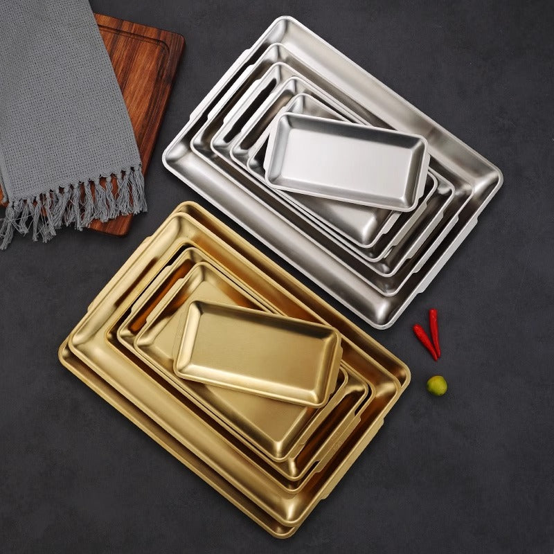 Yurtrain Korean Dinnerware Stainless Steel Rectangular and Square Serving Trays Dessert and Sushi Plate Dish for Restaurant Use