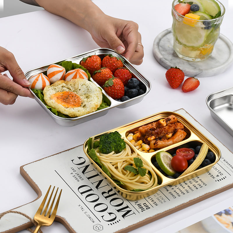 Yurtrain Bento 304 Stainless Steel Korean Food Lunch Plate 2/3 Compartment Dinner Plate Silver Dish for Kids and Toddlers