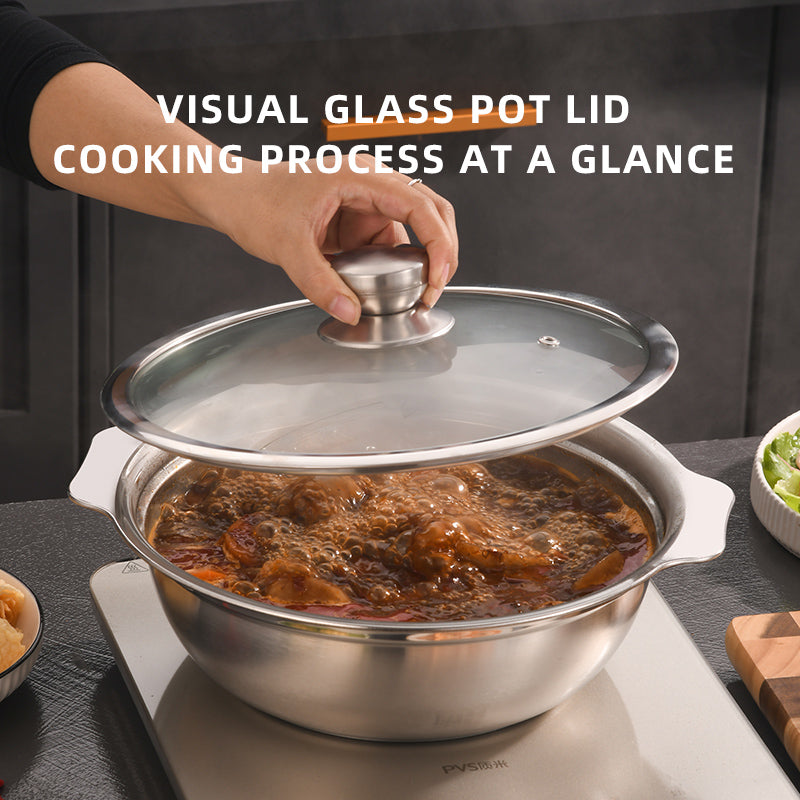 Yurtrian Stainless Steel Hot Pot Soup Stock Pots with Tempered Glass Lid Metal Kitchenware Compatible with Induction Cooker