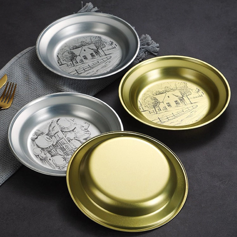 Yurtrain Custom Retro Pattern Logo Nordic Tinplate Round Plate Dish Wholesale Kitchenware for Snack/Steak Metal Tableware