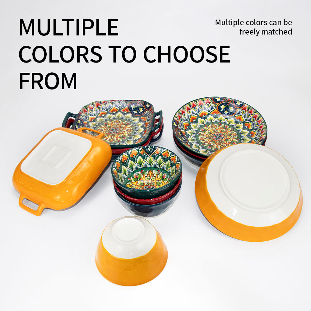 Yurtrain Custom Printed Bohemian Style Stoneware Dinner Set Colorful Ceramic Tableware Fancy Pratos Plant Unique Designed