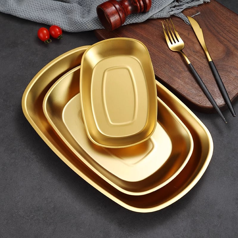 Yurtrain Custom Logo Vintage Square & Retro Style Oval Pasta Plate Stainless Steel Metal Food Dish for Restaurant Camping Snacks