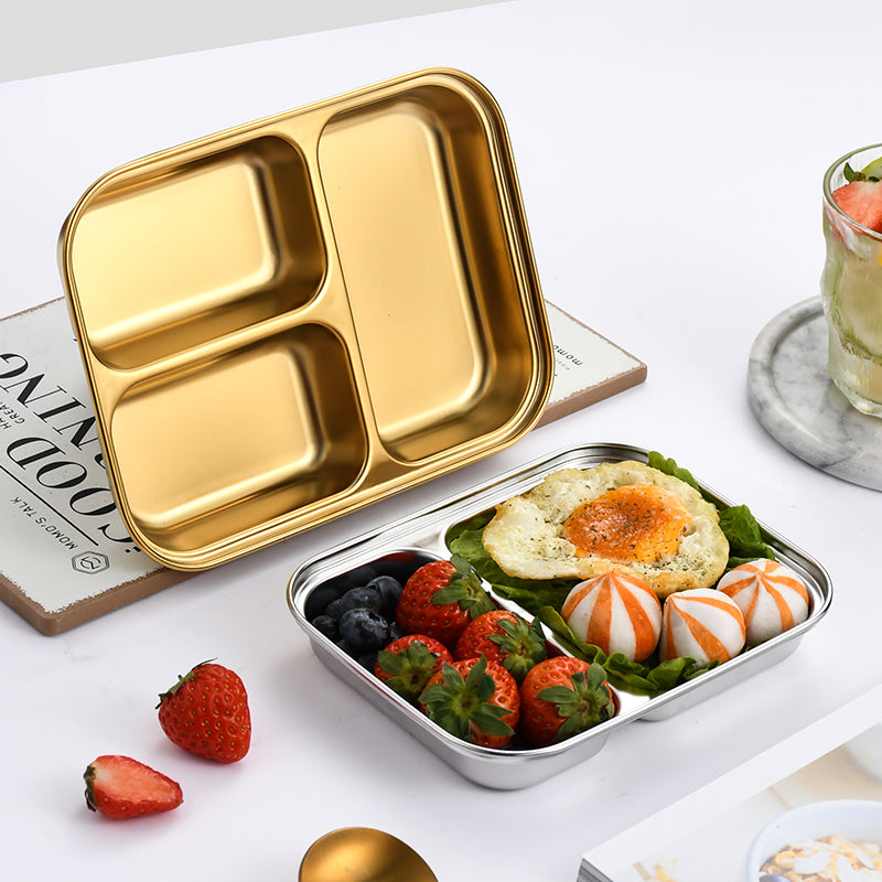 Yurtrain Bento 304 Stainless Steel Korean Food Lunch Plate 2/3 Compartment Dinner Plate Silver Dish for Kids and Toddlers