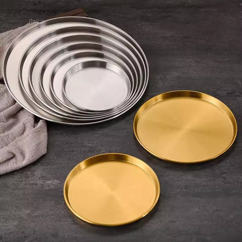 Yurtrain Stainless Steel Plate Shallow Kitchen Accessories Tableware Dish Fruit Cake Snacks Pasta Steak 14/17/20/23/26/30/35CM