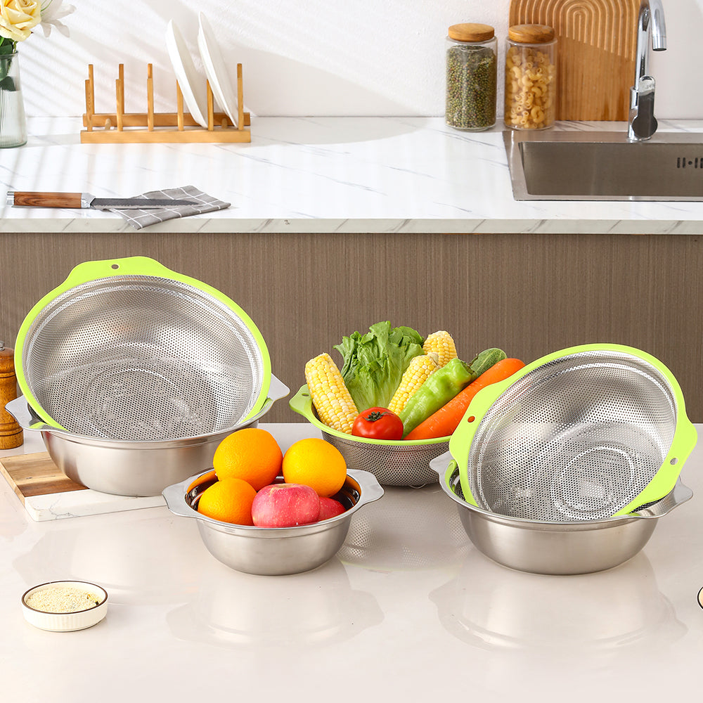 Yurtrain Customized Logo Stainless Steel Kitchen Utensil Silver Food Rice Sustainable Filter Colander Strainer with Metal Handle