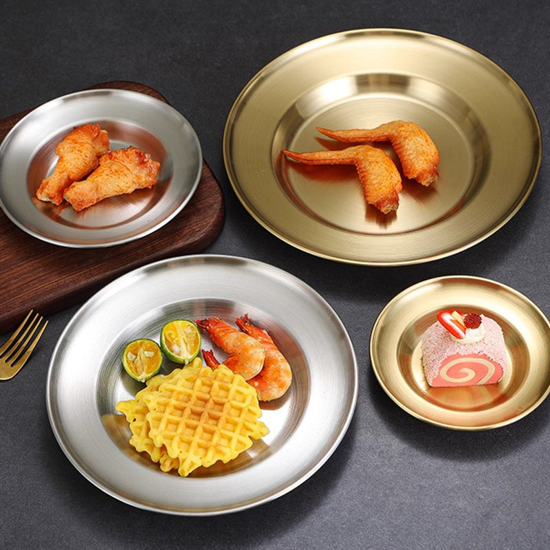 Yurtain Wholesale Stainless Steel Round Serving Tray and Metal Plate Dishes for Restaurant Home or Hotel Use