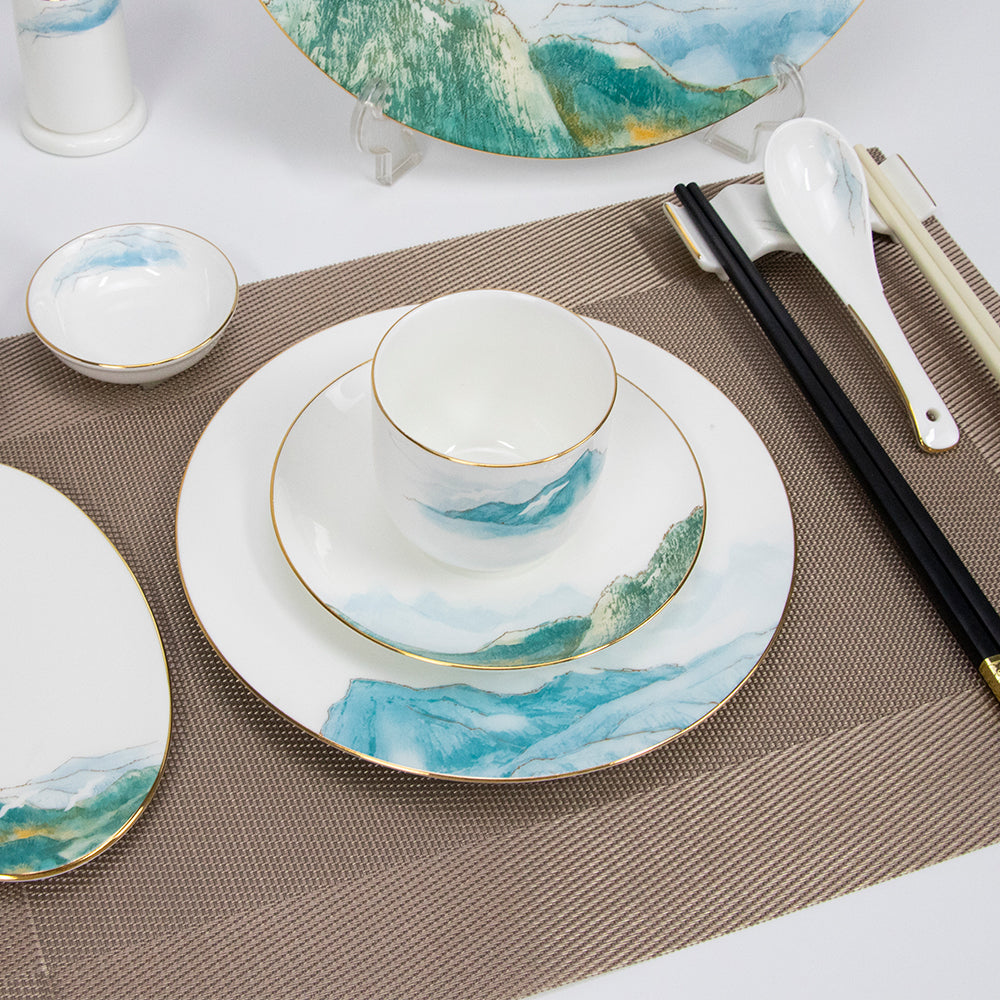 Yurtrain Bone Dish Set Glazed Floral Blue & White Ceramic Dinnerware Durable Tableware Suit with Phnom Penh Landscape Painting