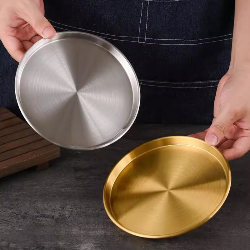Yurtrain Stainless Steel Plate Shallow Kitchen Accessories Tableware Dish Fruit Cake Snacks Pasta Steak 14/17/20/23/26/30/35CM