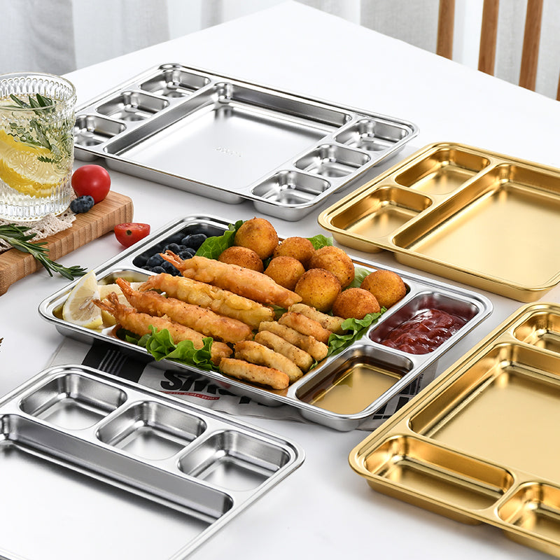 Yurtrain Korean Style Stainless Steel Snack Serving Tray 3/4/5/6/7 Grid Plate for Camping Restaurants Canteen Serving Dish