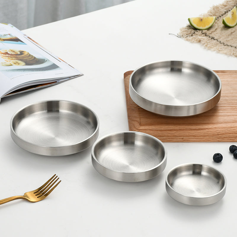 Yurtrain 304 Stainless Steel Small Double Spice Dish Korean Kimchi Plate Barbecue Household Dip Cooking Bowl Frosted Technique
