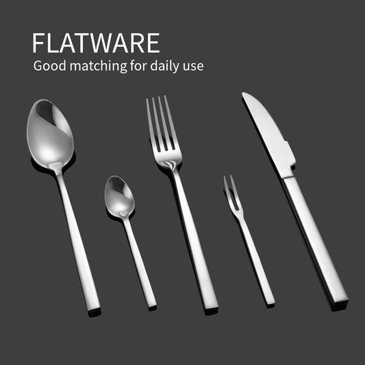 Yurtrain Kitchen Silver Plated Dishwasher Safe Fork Spoon Cutlery Set with Royal New Flat Design Long Handle Knives