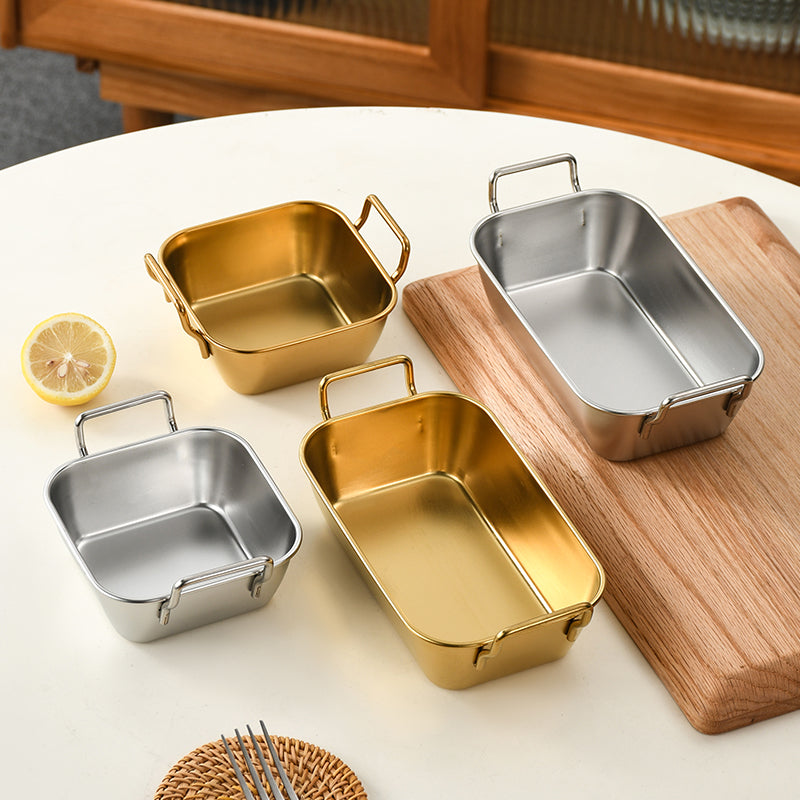 Yurtrain Restaurant Stainless Steel Rectangle Snack Tray Handle Wholesale Fried Chicken Plate French Fry Food Basket for Metal