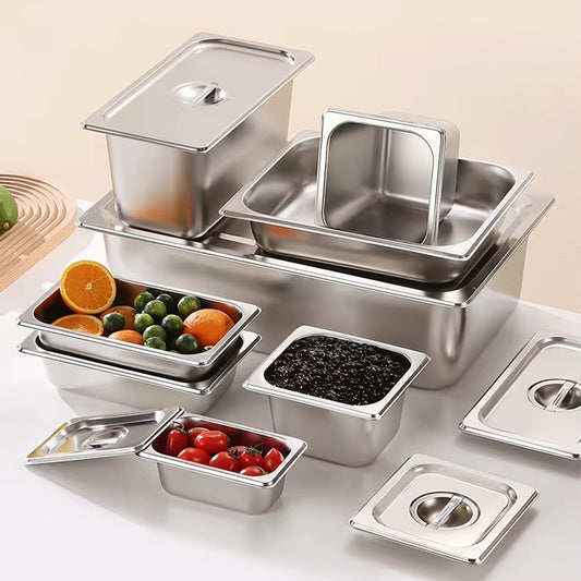Yurtrain European Style Stainless Steel GN Pan Restaurant Hotel Kitchen Square Plate Food Storage Containers Gas Heating Lids