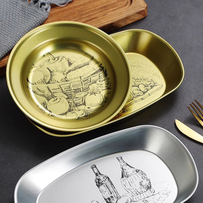Yurtrain Custom Retro Pattern Logo Nordic Tinplate Round Plate Dish Wholesale Kitchenware for Snack/Steak Metal Tableware