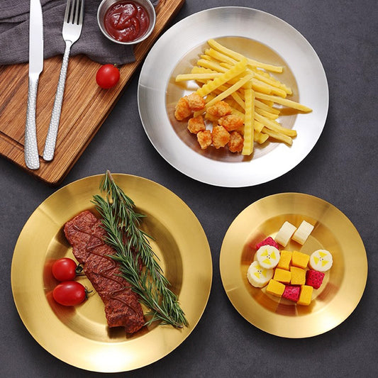 Yurtrain Korean Style Stainless Steel Round Dish Pan for Restaurants for Baking Pizza Pie Cake Tableware Plate Tableware