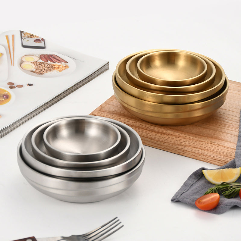 Yurtrain High Quality Stainless Steel Double Soup Ramen Bowl Korean Style Gold Thickened Disposable Rice Bowls for Cold Noodles