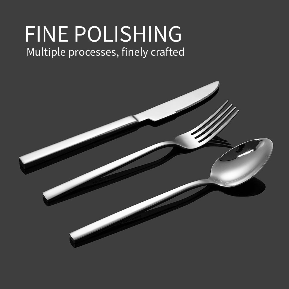 Yurtrain Kitchen Silver Plated Dishwasher Safe Fork Spoon Cutlery Set with Royal New Flat Design Long Handle Knives