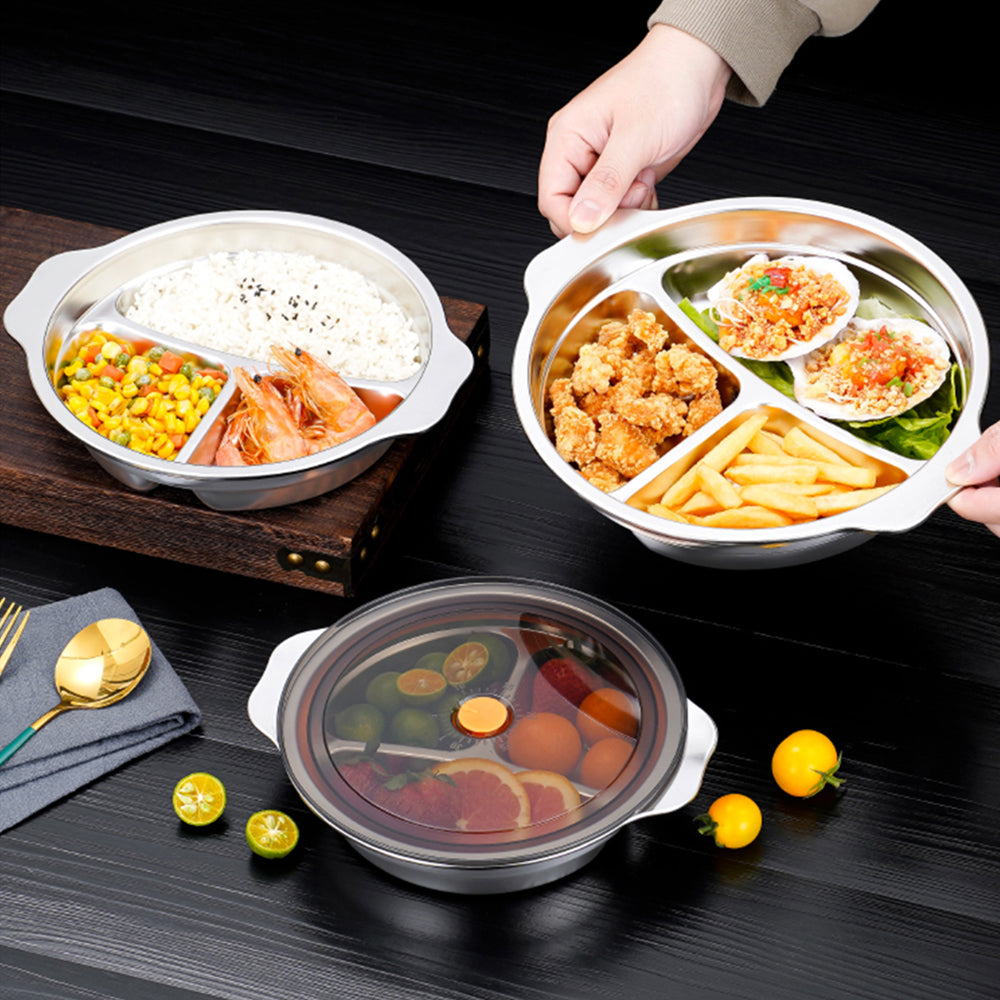 Yurtrain 304 Stainless Steel Insulated Lid Durable Dinner Baby Plate Dish with Leakage Proof Plate Dish for School Children