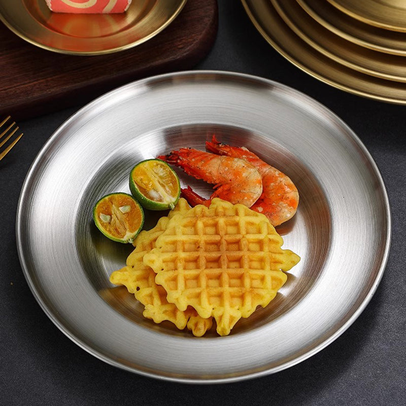 Yurtain Wholesale Stainless Steel Round Serving Tray and Metal Plate Dishes for Restaurant Home or Hotel Use