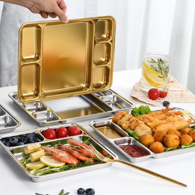 Yurtrain Korean Style Stainless Steel Snack Serving Tray 3/4/5/6/7 Grid Plate for Camping Restaurants Canteen Serving Dish