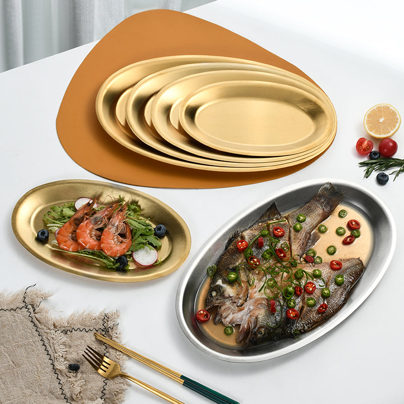 Yurtrain Stainless Steel Fish Plate Main Dish Restaurant Tray for Steaming Oval Shape Metal BBQ Vegetable Tray