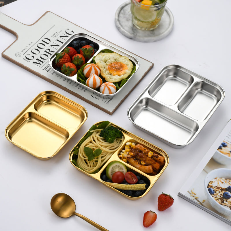 Yurtrain Bento 304 Stainless Steel Korean Food Lunch Plate 2/3 Compartment Dinner Plate Silver Dish for Kids and Toddlers